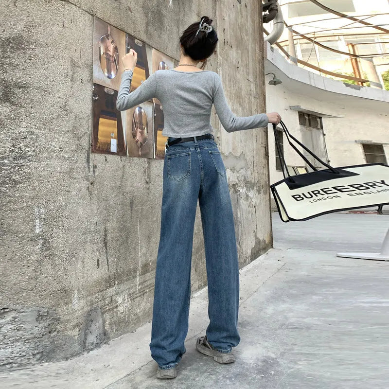 Women's high-waist straight leg jeans in retro blue denim showing three length variations