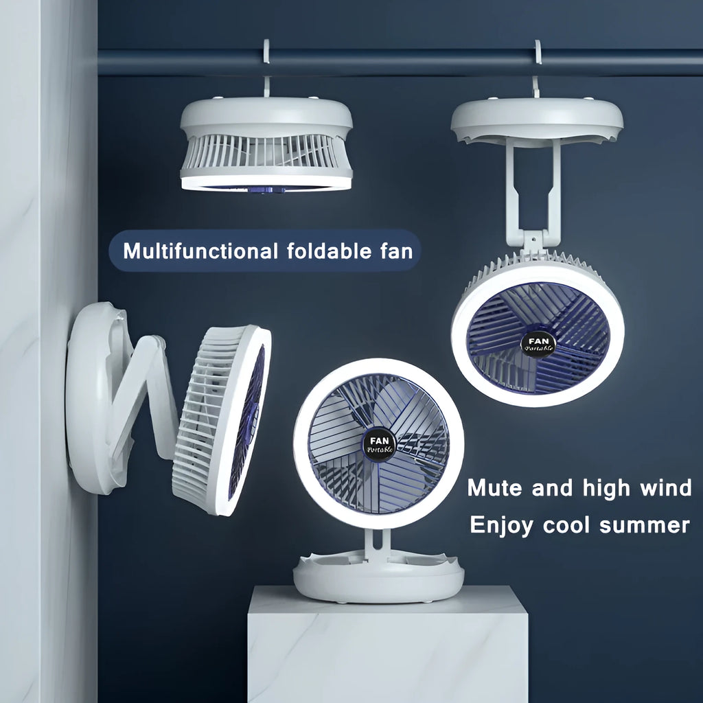Blue foldable USB desk fan with LED light showing wall mount bracket and pen holder