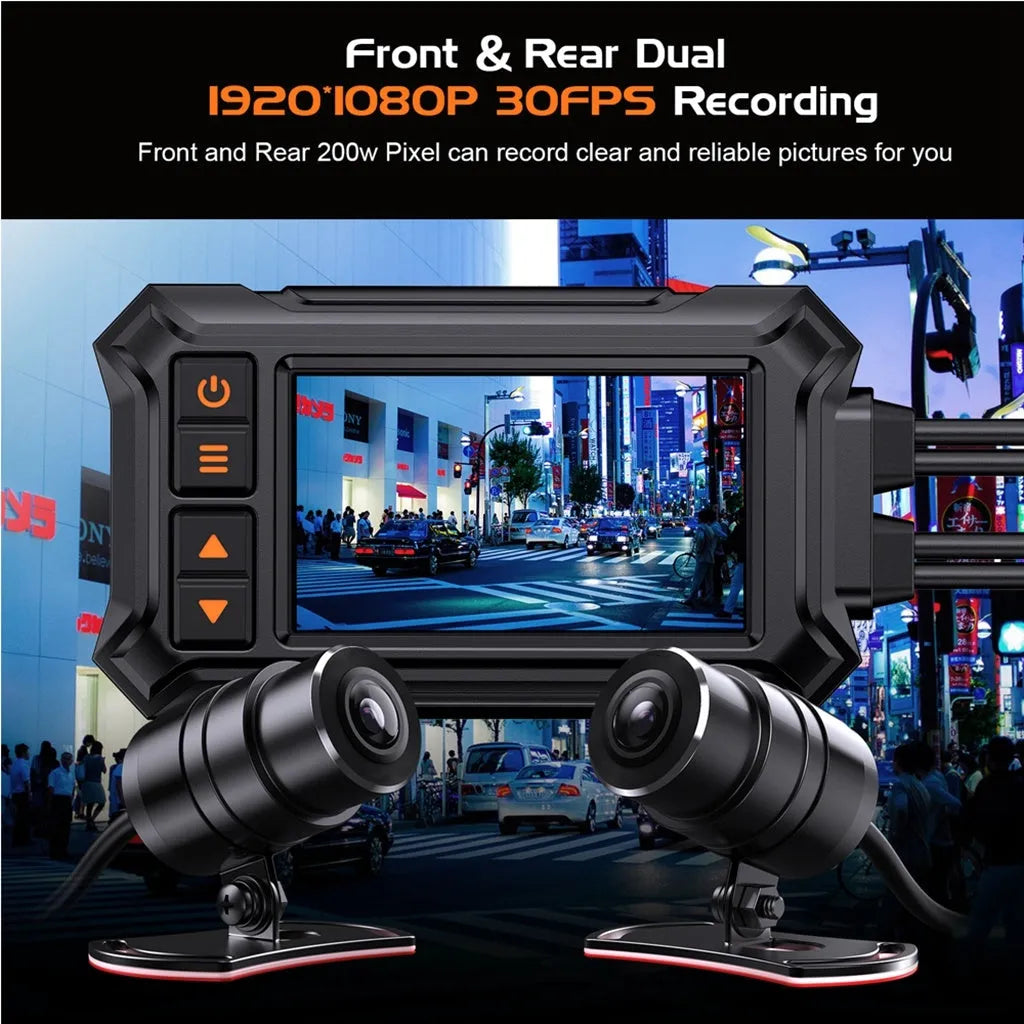 3 inch motorcycle dashcam with dual lenses, GPS module, and installation cables on a motorcycle handlebar.