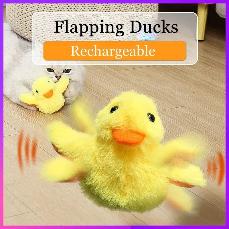 Yellow chick-shaped rechargeable cat plush toy with a removable cover and USB cable.