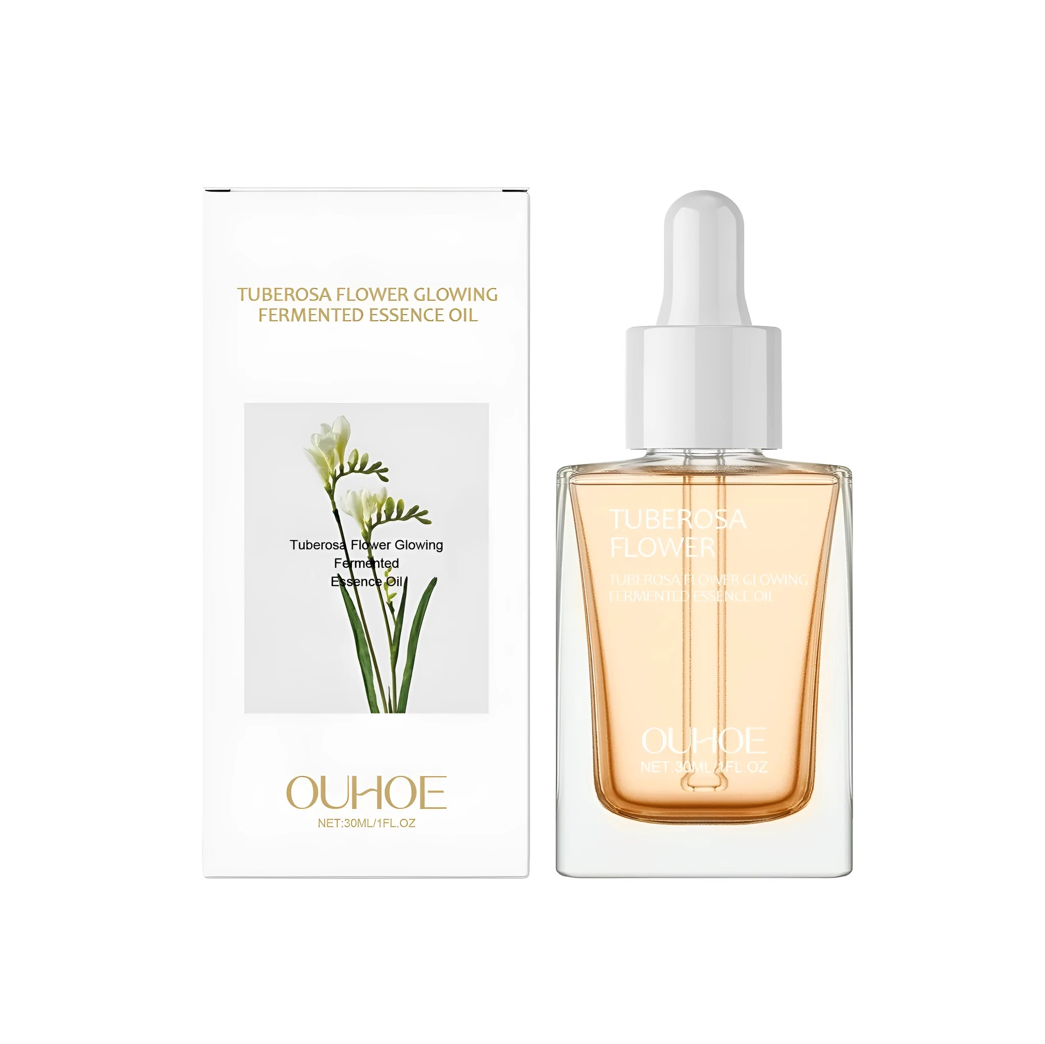 30ml amber glass bottle of brightening and firming facial oil with dropper applicator