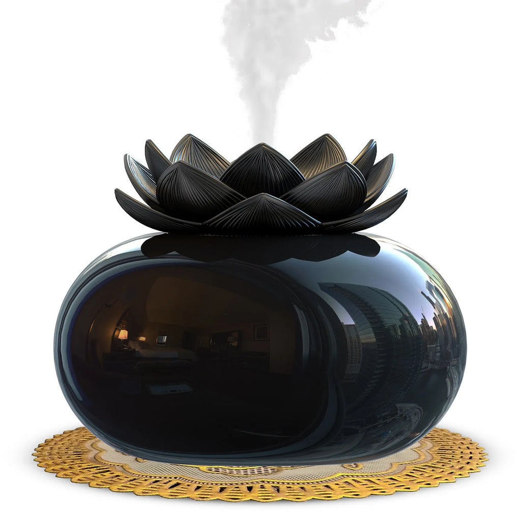 Pure black USB aromatherapy humidifier with ceramic lotus flower design on round base
