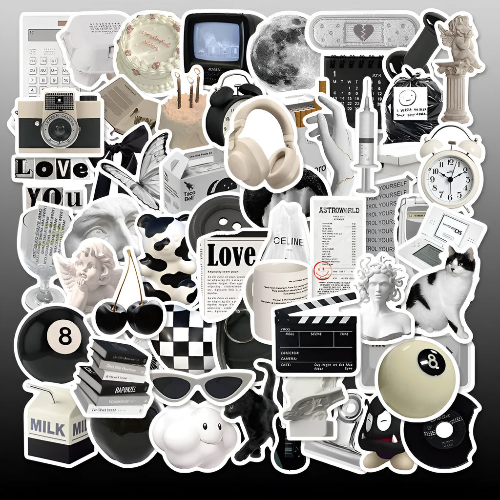Black and white sticker set with 61 pieces, PVC waterproof material for laptops and cups