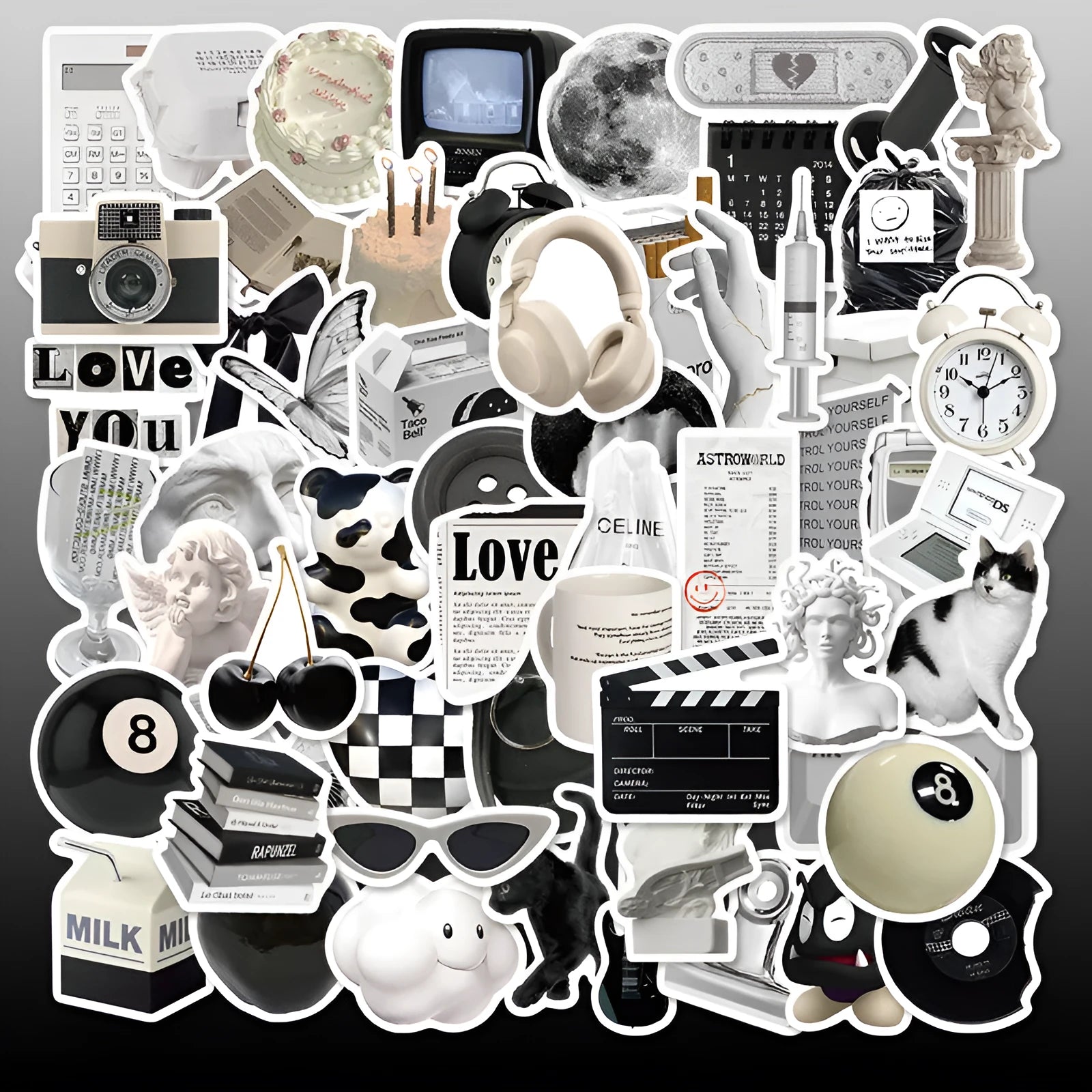 Black and white sticker set with 61 pieces, PVC waterproof material for laptops and cups