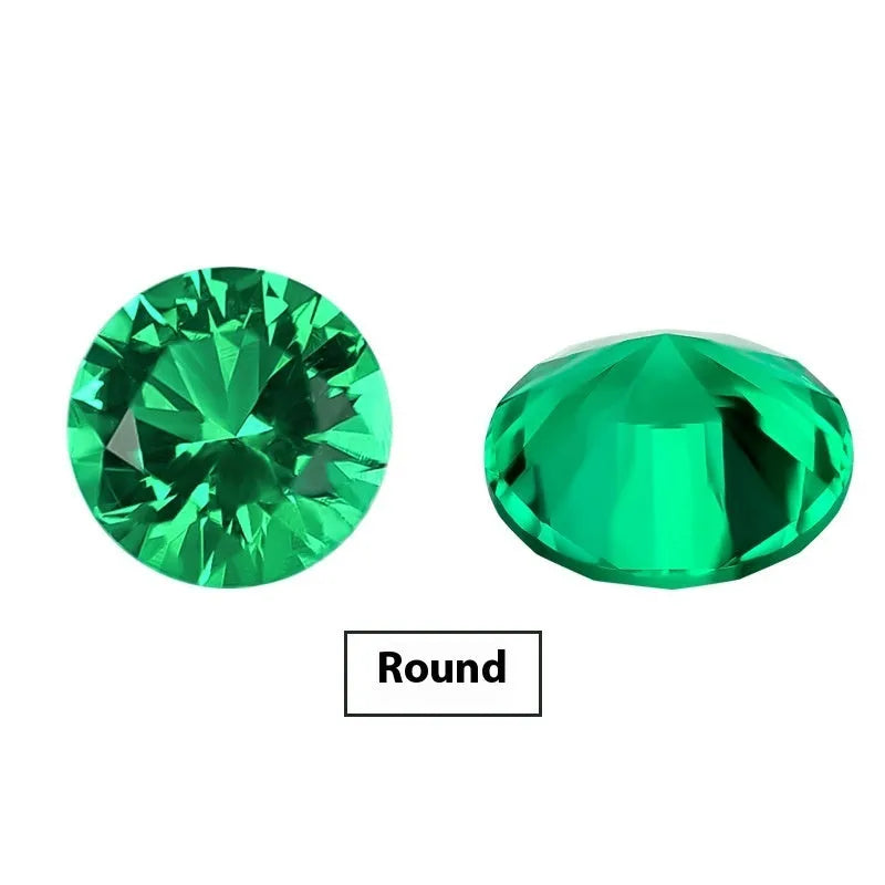 Synthetic emerald gemstone beads in Columbia green treasure colour showing round and rectangular cut options