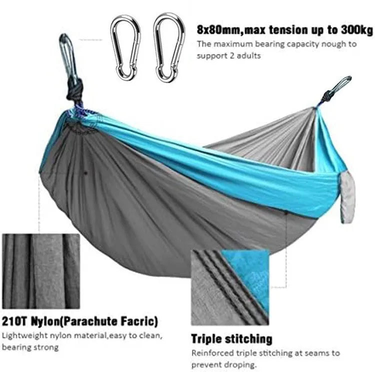 Outdoor nylon hammock in blue colour with reinforced stitching for camping and garden use