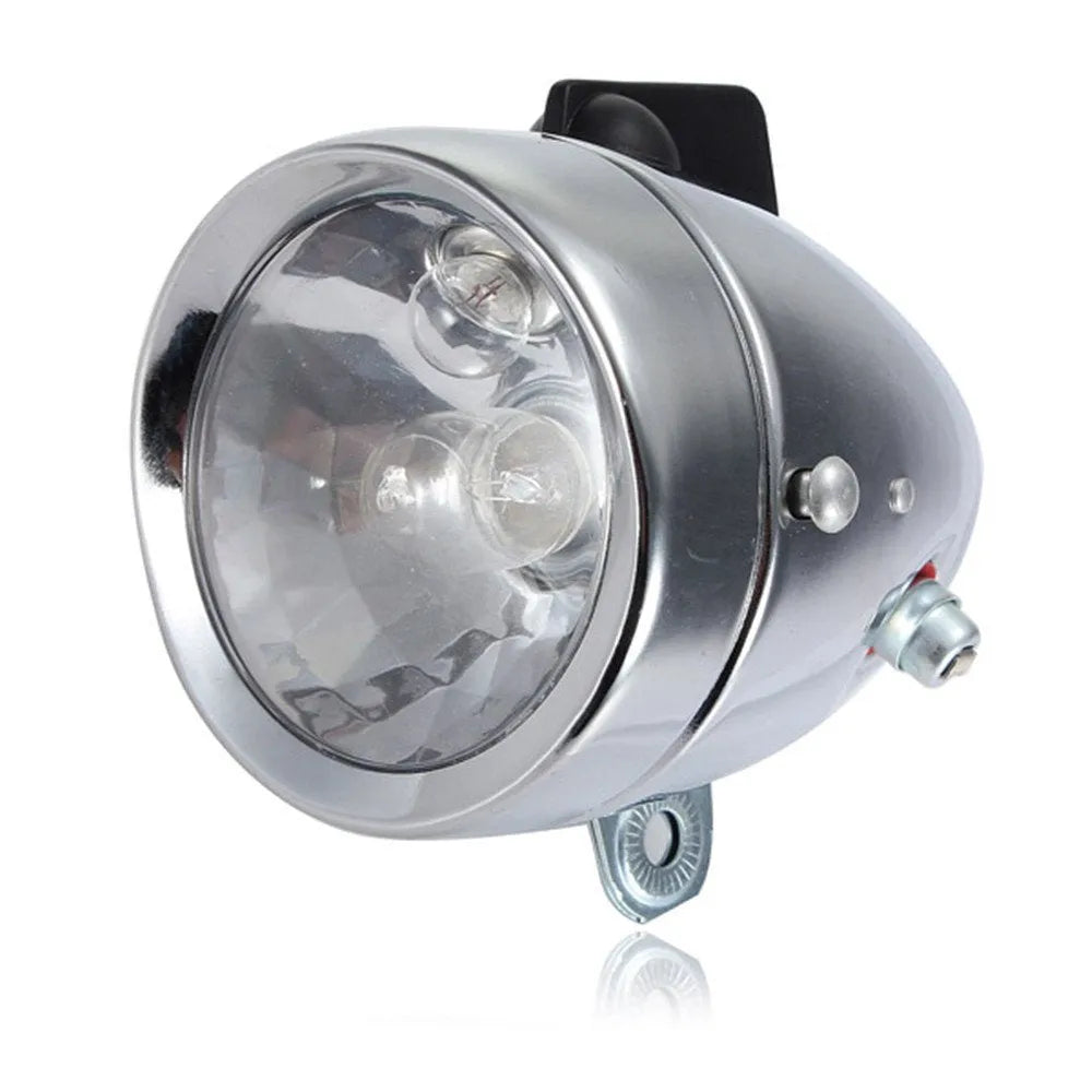 Silver bicycle dynamo generator light for front fork or rear frame mounting with friction drive mechanism