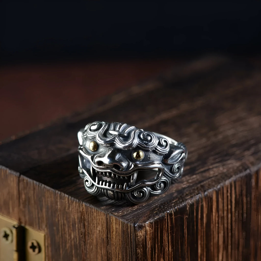 Solid silver open ring with Jibeast pattern animal zodiac design and adjustable band