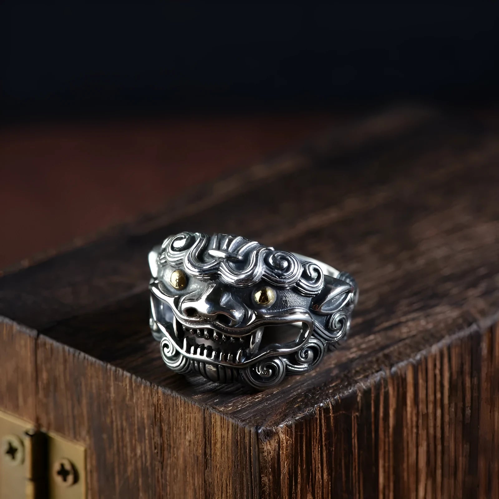 Solid silver open ring with Jibeast pattern animal zodiac design and adjustable band