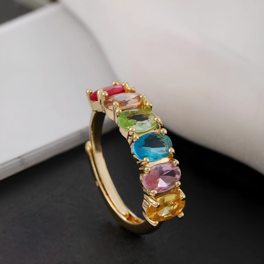 Adjustable women's copper zircon ring with gold electroplated finish in retro style