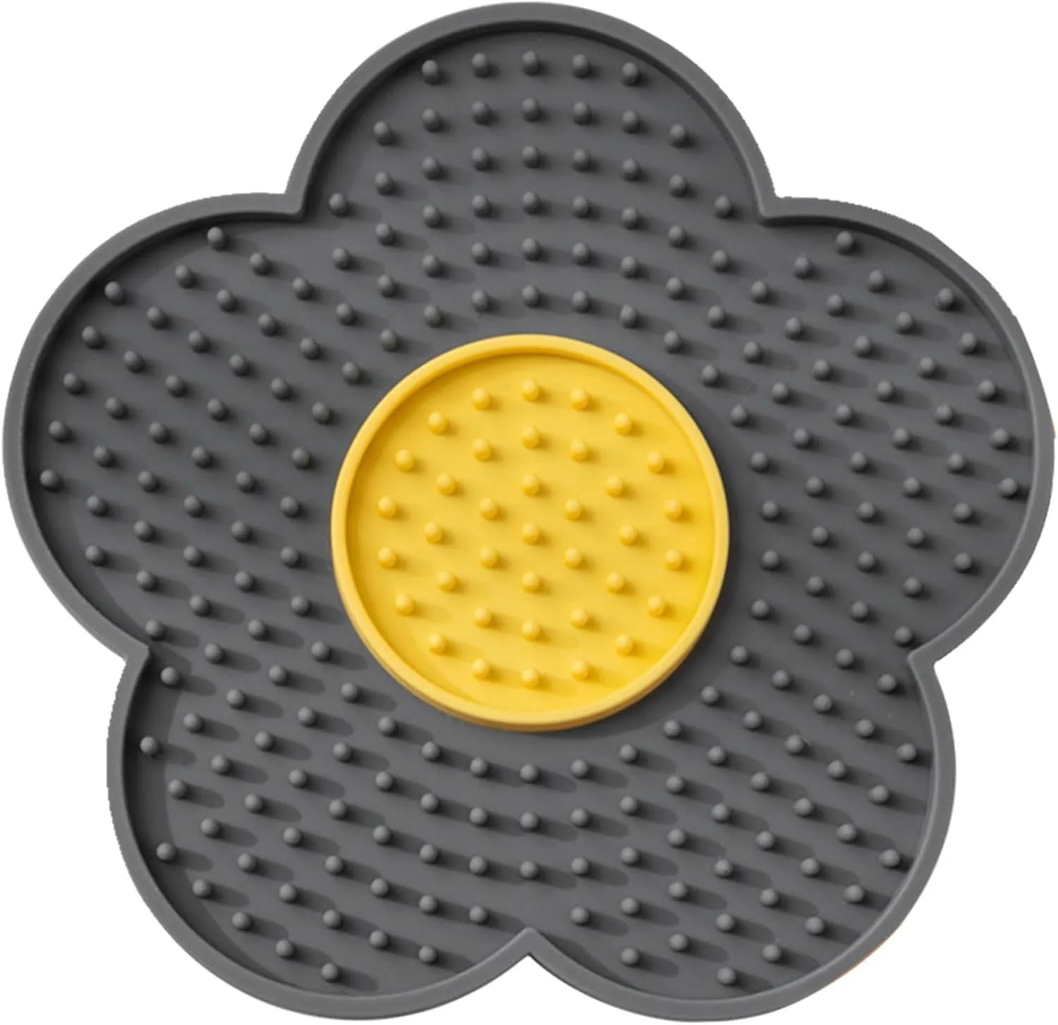 Flower-shaped silicone pet lick mat with suction cups in a choice of colours.