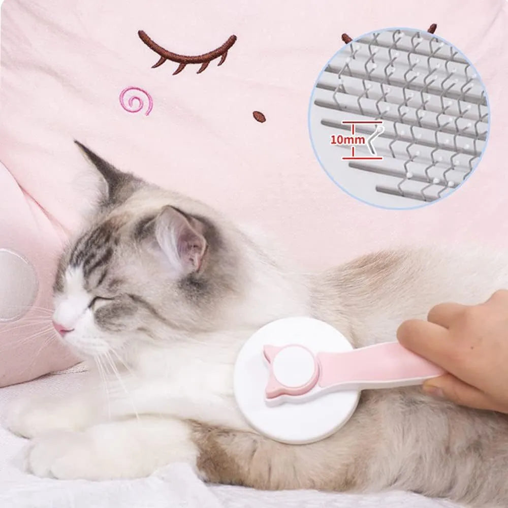 Self-cleaning cat brush with blue rubber handle and metal pins with rubber tips for pet grooming