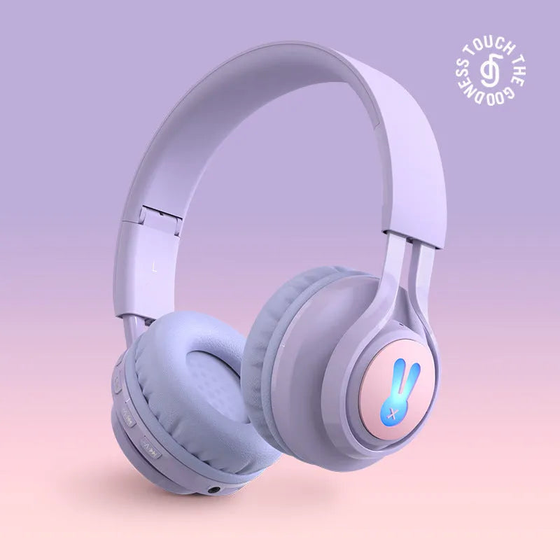 Wireless children's headphones in bunny pink and purple with RGB lights and power display