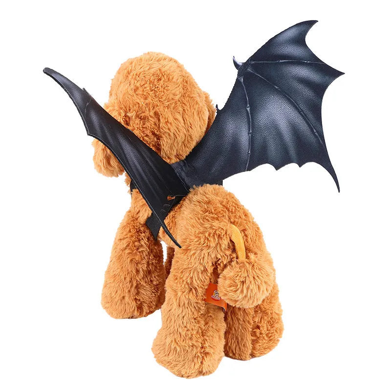 Black cloth bat wings pet Halloween costume shown in large, medium, and small sizes for cats and dogs