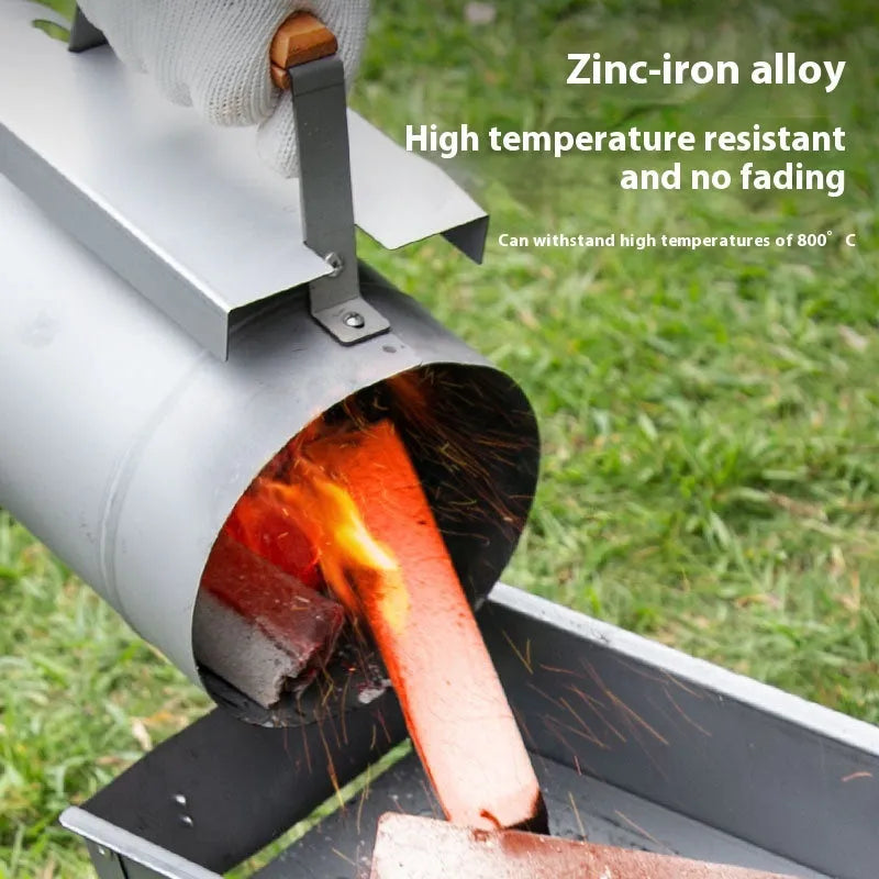 Outdoor barbecue charcoal fire igniter with zinc-iron alloy construction and carbon bucket style housing.