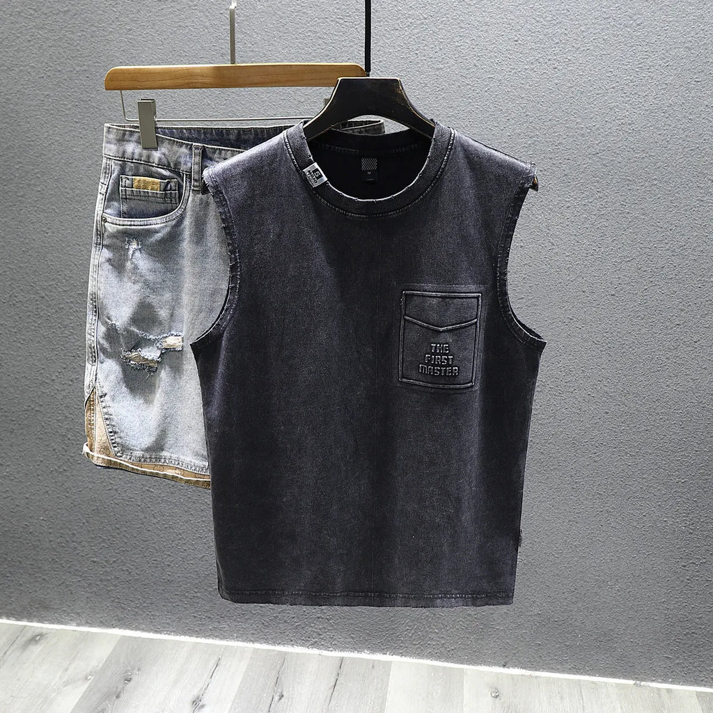Men's solid colour loose fit cotton sleeveless t-shirt on a hanger