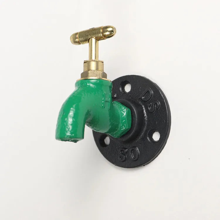 A polished metal wall hook in a water pipe design, shown in black, green, and red colour options.