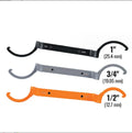 Three colour-coded crescent wrenches with magnetic suction bases: orange, grey and black adjustable spanners