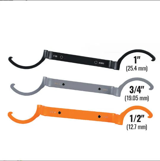 Three colour-coded crescent wrenches with magnetic suction bases: orange, grey and black adjustable spanners