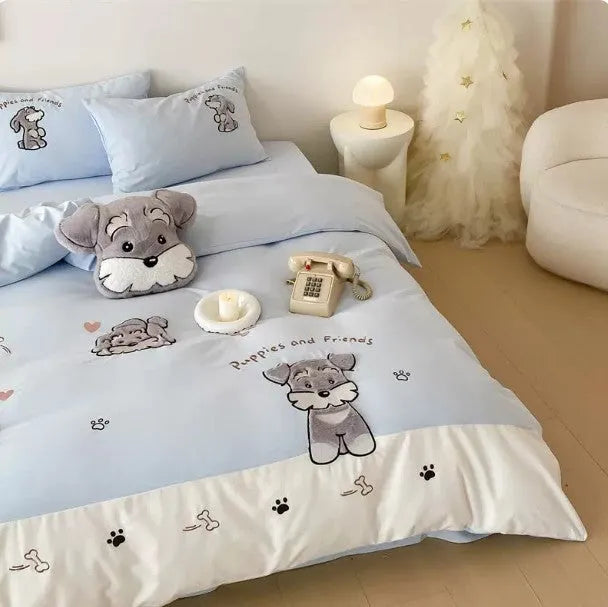 Cartoon Schnauzer cotton bedding set with embroidery details on quilt cover and pillowcases