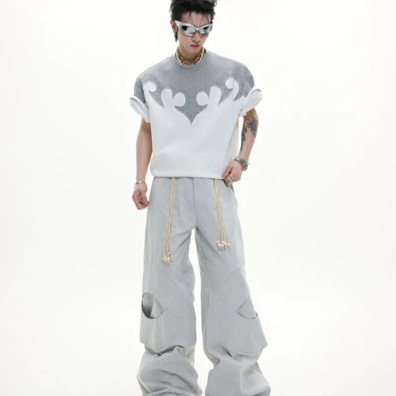 Men's grey cotton t-shirt with three-dimensional stitching and burnt flower rhinestone design