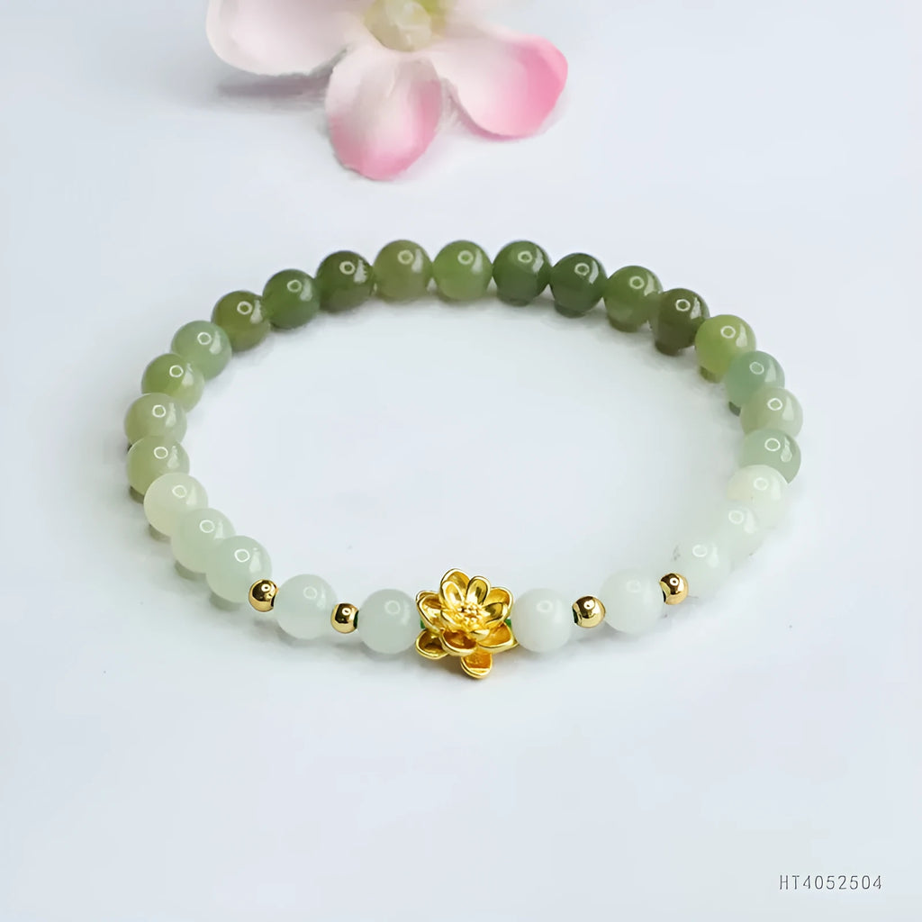 Hand-woven Hetian jade bracelet with sunshine water gradient colour and floral bead design.