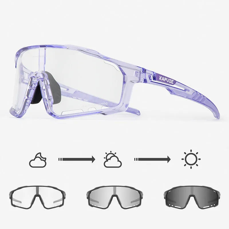 Photochromic cycling sunglasses with a semi-rimless TR90 frame on a solid colour background.