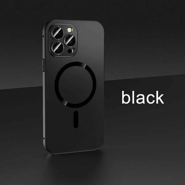iPhone case with dark purple aluminium alloy frame and black PC back, showing glass camera lens cover.