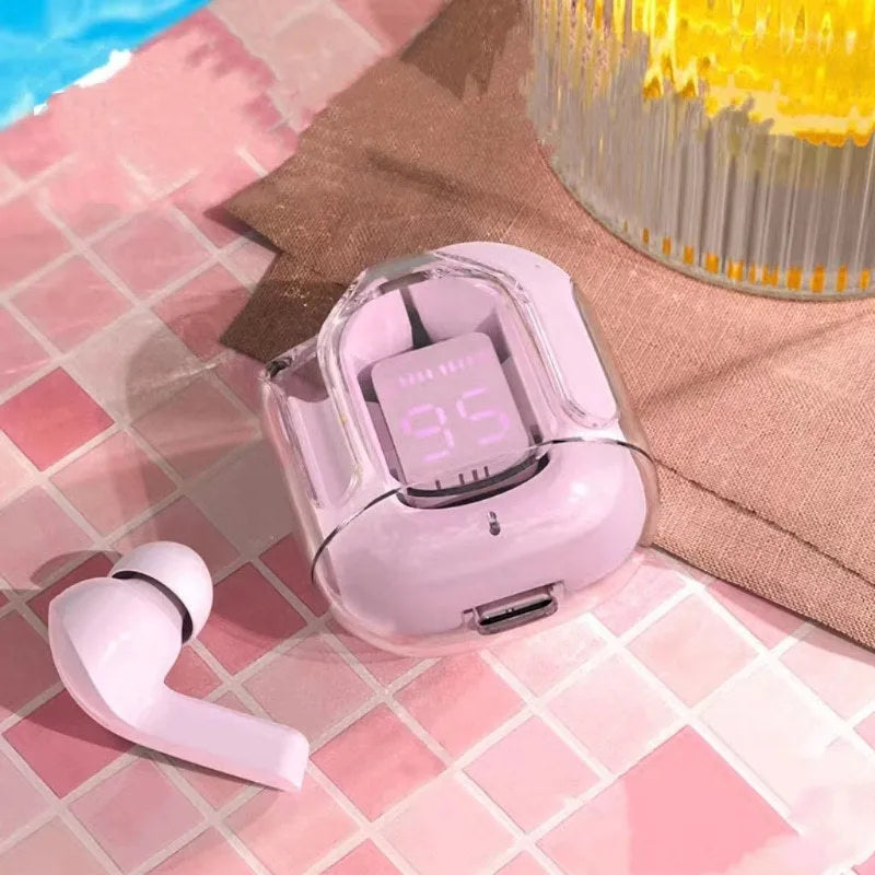 Transparent space capsule true wireless Bluetooth headset with digital display and plastic case in various colours