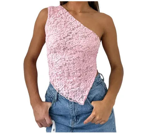 Womans lace backless vest top with asymmetrical sloped neckline in solid colour.
