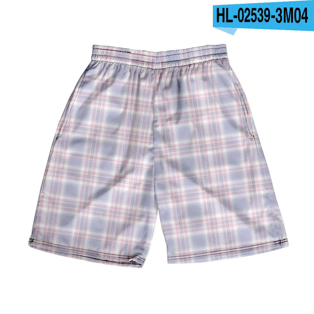 Men's plaid pattern casual shorts with an elastic waistband, shown in a straight-leg style.