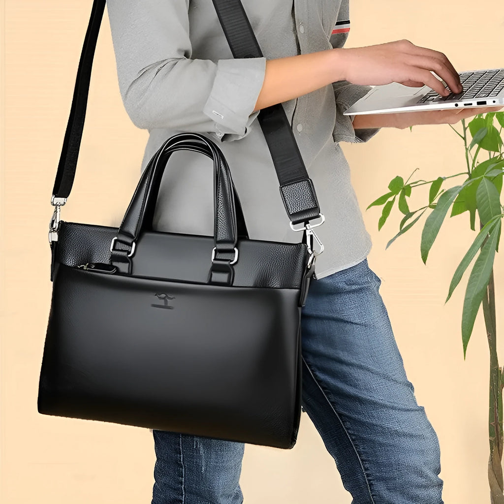 Men's black PU leather messenger bag with splicing design, 35cm wide business shoulder bag