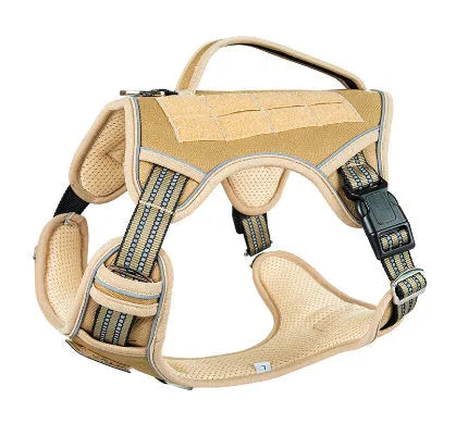 Tactical dog chest strap in oxford cloth, shown in olive green colour on a working dog.