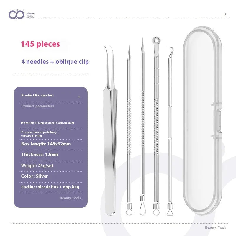 Four-piece metal acne needle set with ultra-fine pointed tips for blackhead removal