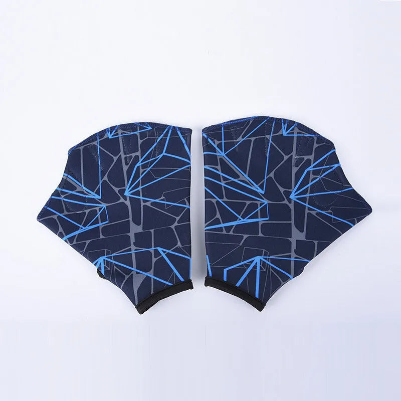 Duck feet webbed swimming gloves in nylon material showing colour print options