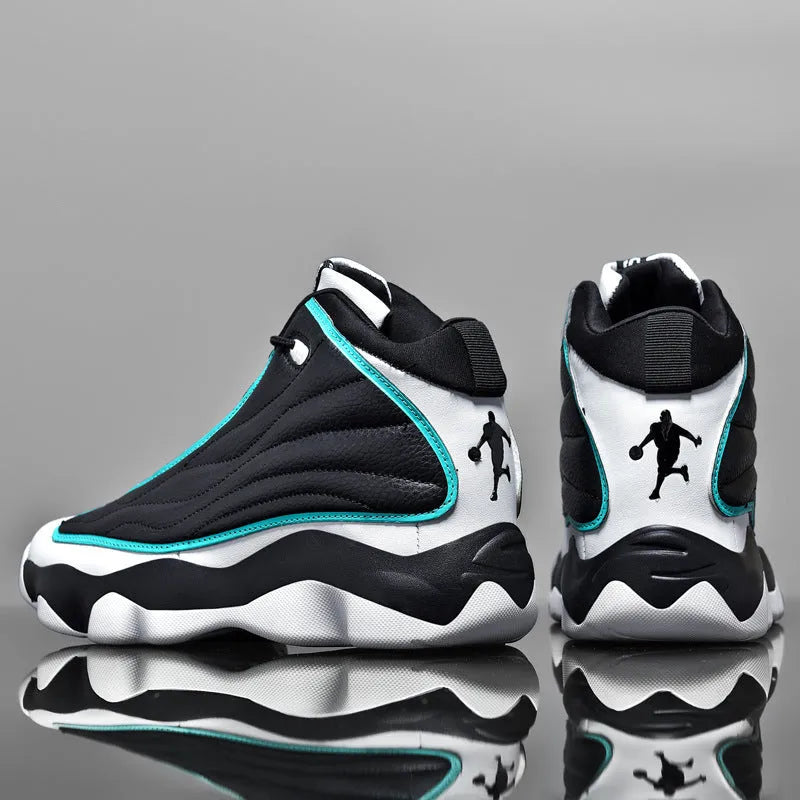 Men's high-top basketball shoes with thick rubber sole and mesh upper in AJ13 white red colourway