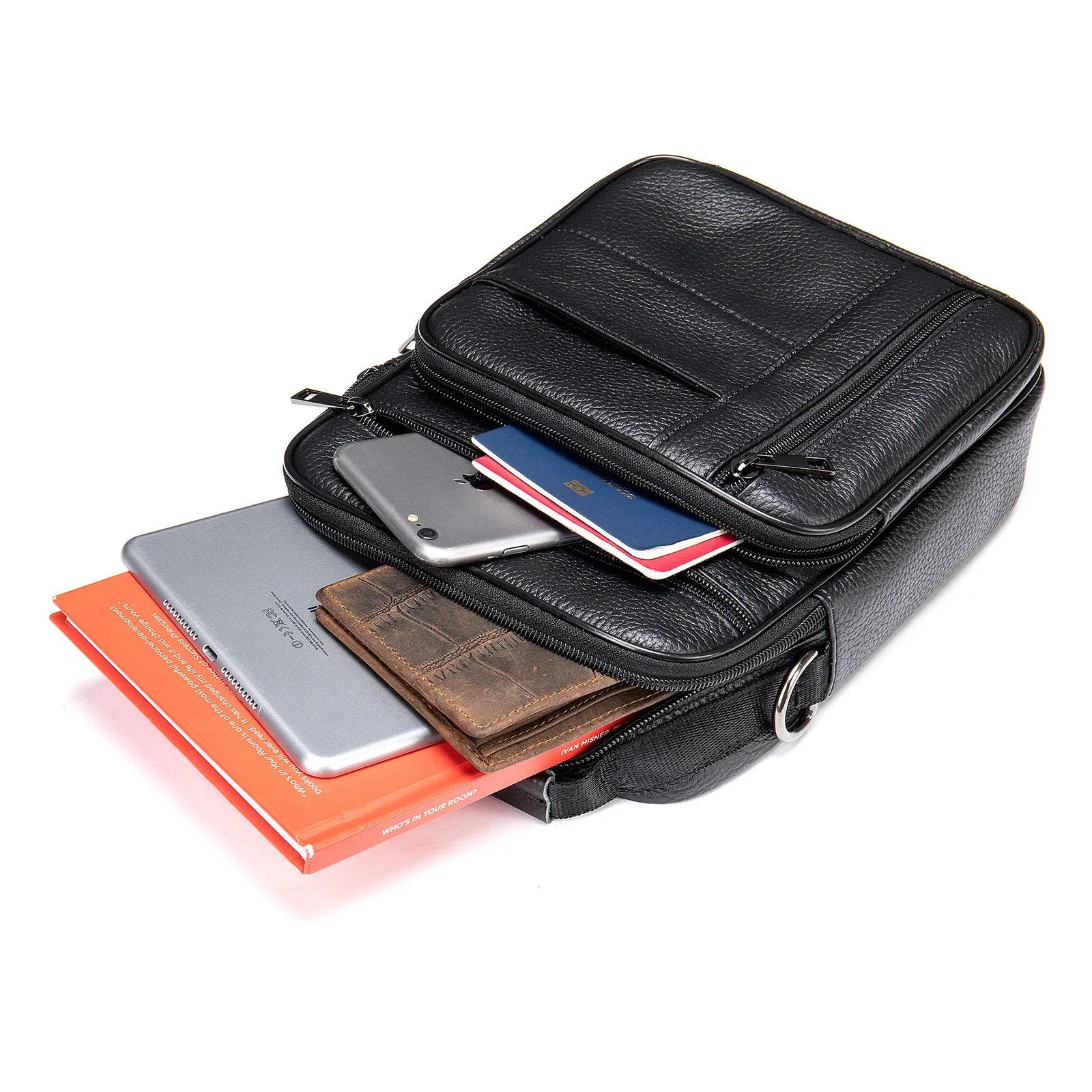 Genuine leather vintage men's shoulder bag in a vertical square shape, showing internal organiser pockets.