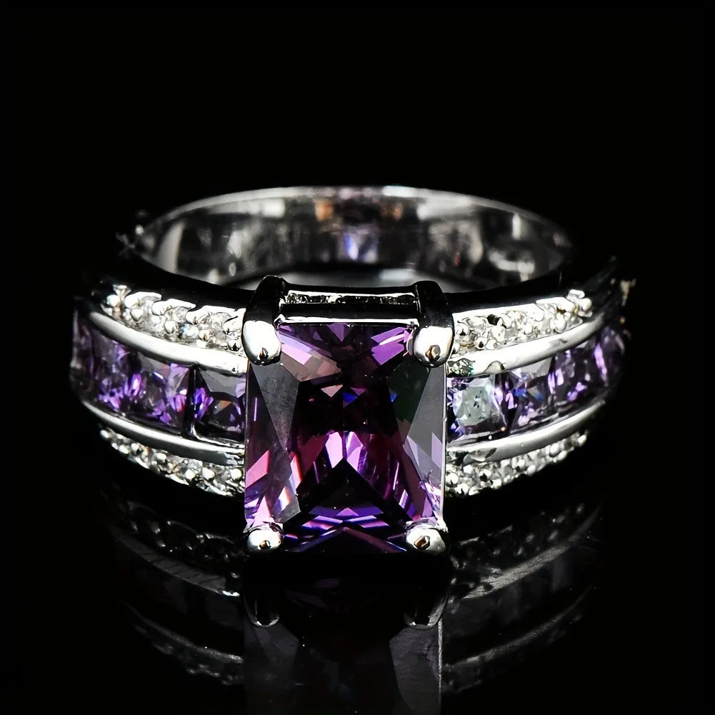 Personalised unisex ring with sunflower blue diamond or square-cut blue and purple zircon designs.