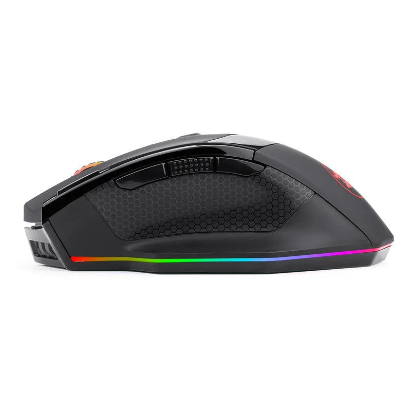 Redragon M801P black dual-mode wireless and wired gaming mouse with nine buttons on an ergonomic design.
