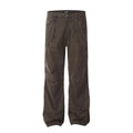 Men's brown loose straight-leg trousers with high waist and wide leg opening on a hanger