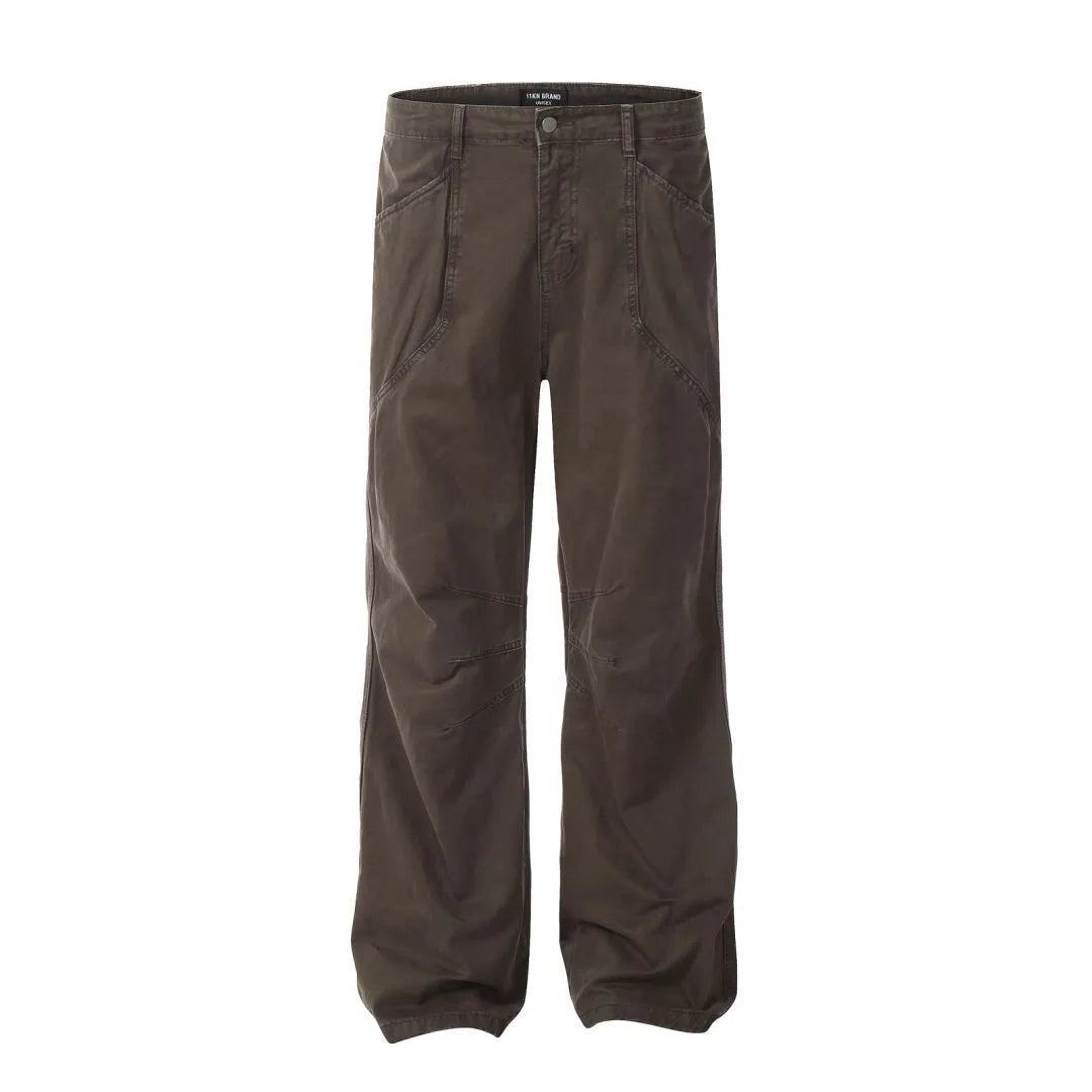 Men's brown loose straight-leg trousers with high waist and wide leg opening on a hanger