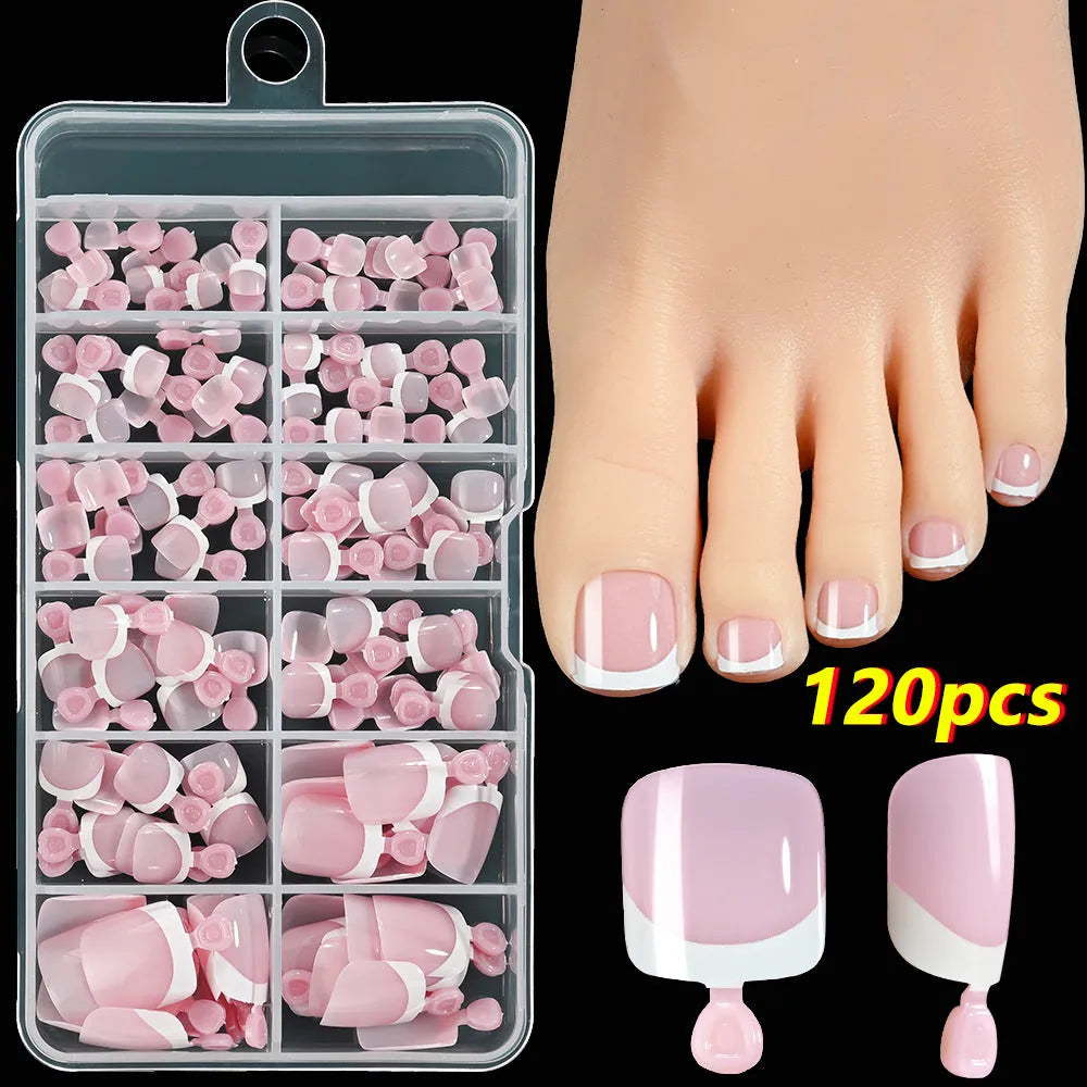 120 piece box of French white edge toenail pieces in nine nude colours with full square short shape