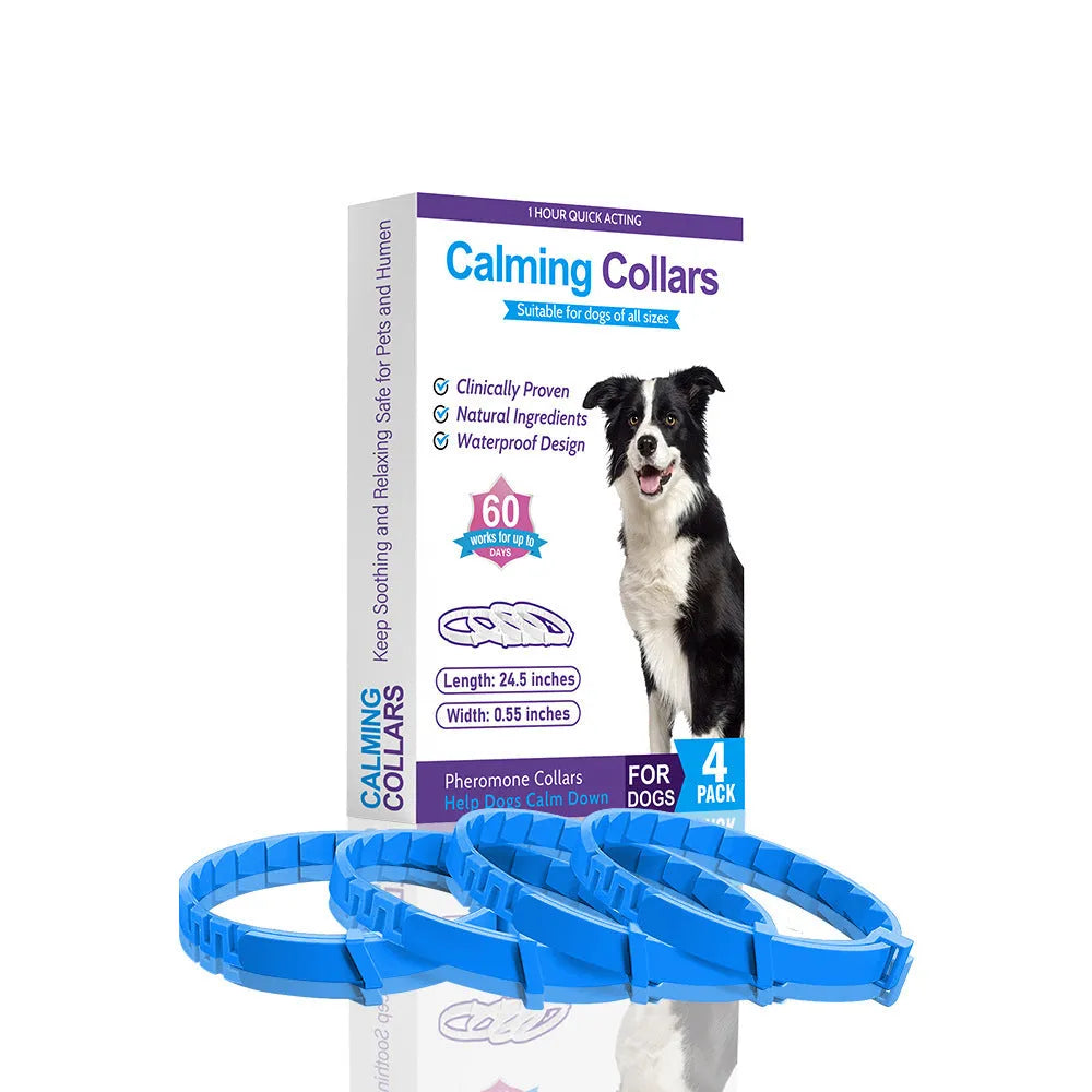 Four dog anxiety relief collars in different colours with Chinese monochrome pattern