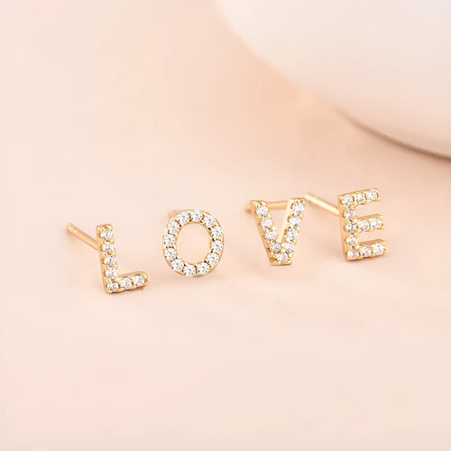 Brass gold plated alphabet letter earrings showing zircon stones on copper base with 26 English letters available