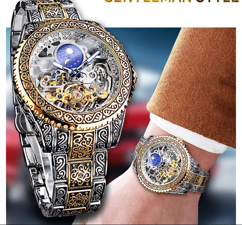Forsining skeleton tourbillon mechanical watch with yellow accents and stainless steel band