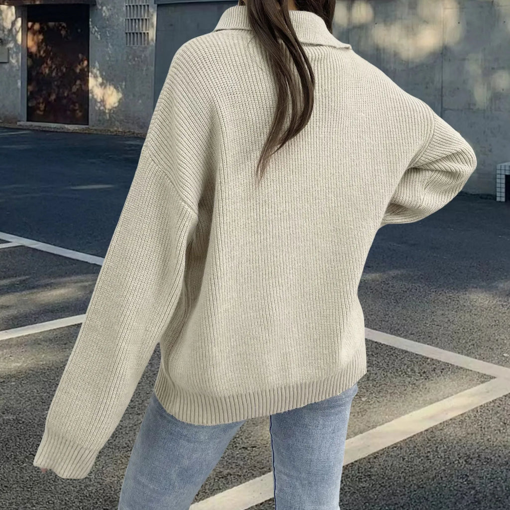 Women's retro loose lapels pullover sweater with oblique zipper detail in alpaca wool fabric