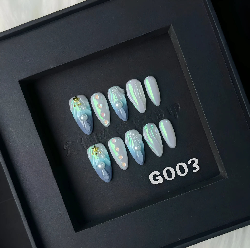 HAILANG blue plastic wearable shell nail tips in sizes XS, S, M, L on a white background.