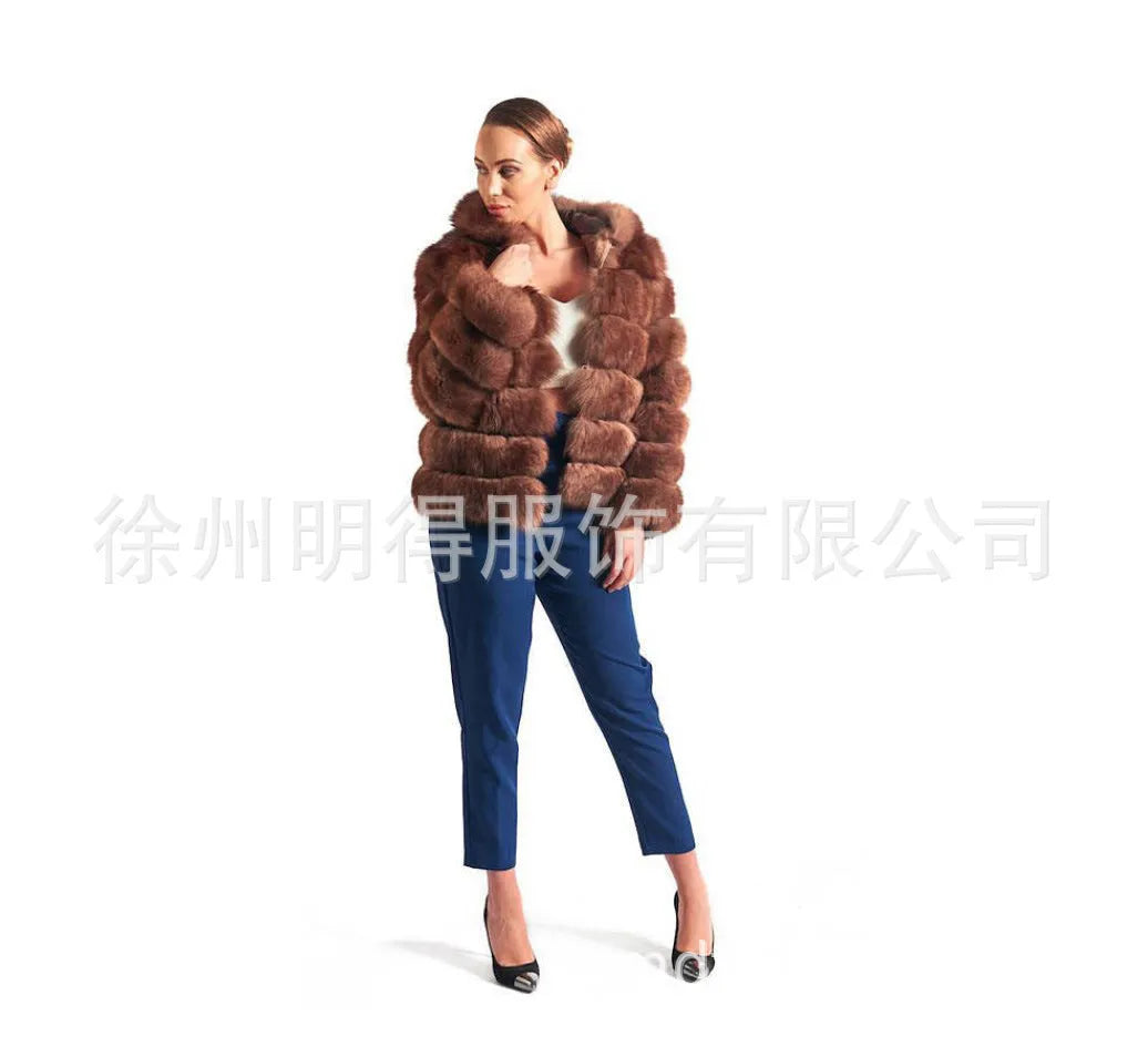 Women's loose hooded faux fur coat in street fashion style showing brown colour option