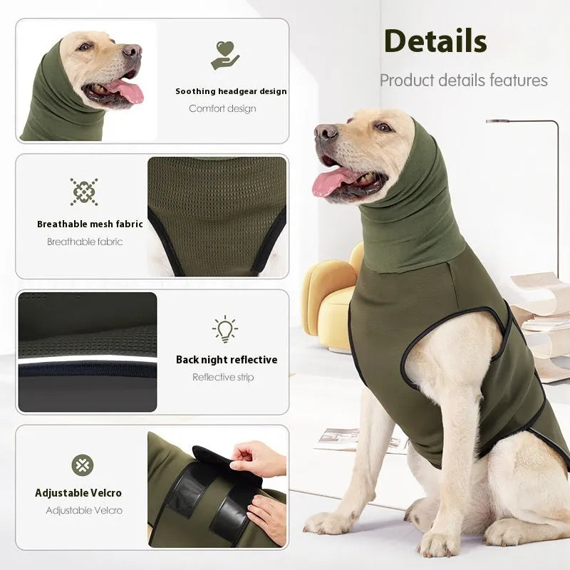 Dog wearing army green anti-anxiety calming jacket with gentle pressure wrap design