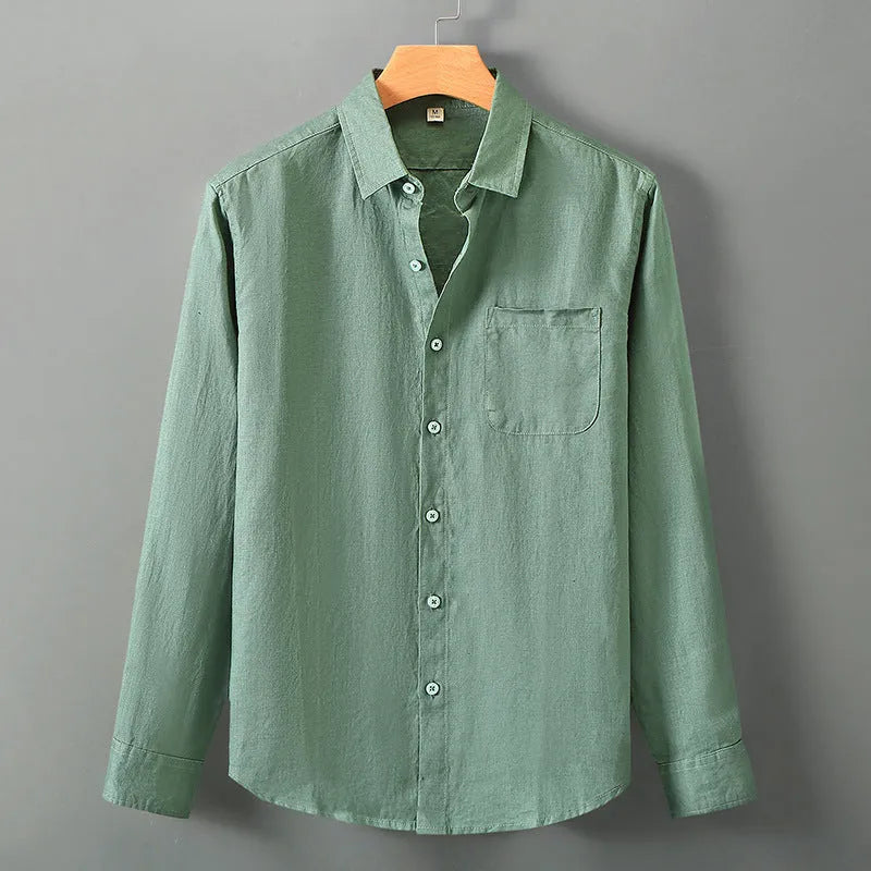 Linen long sleeve cardigan shirt in a loose Chinese style, shown in a solid colour.